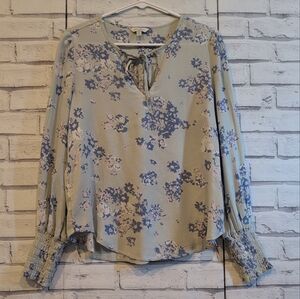 Lucky Brand Women's Size S Blouse Green Blue Pink Floral Elastic Sleeve Tie